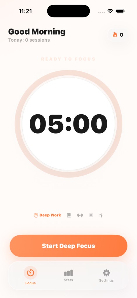 LockIn on iPhone showing the focus timer, mode picker, and tab bar